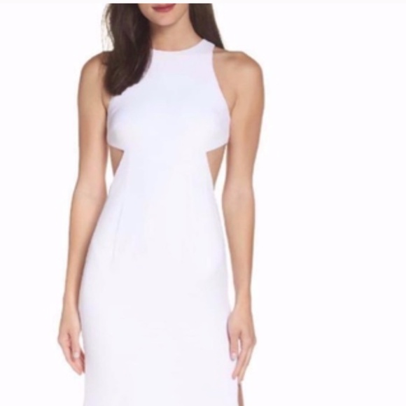 Fame & Partners WHITE The Midheaven CUTOUT Georgette THIGH HIGH Slit GOWN 0 NWT - Picture 2 of 5